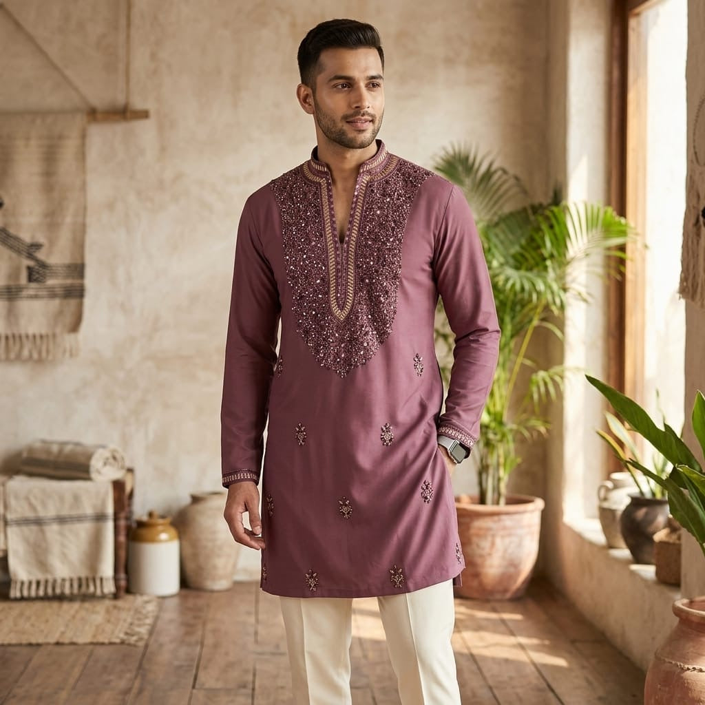 Hand Embroidered V Neck Kurta