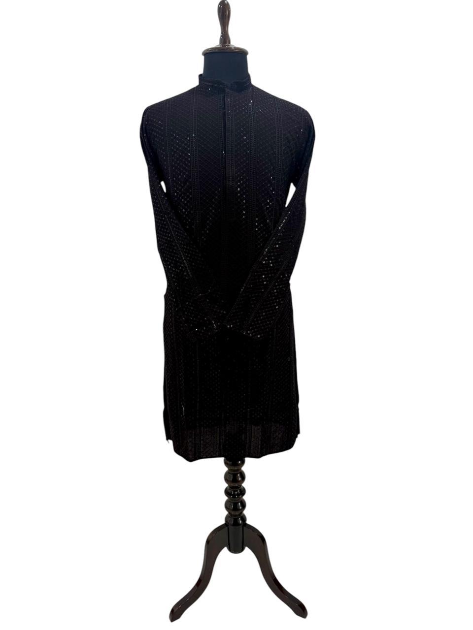 Black Mens Sequence kurta with white background