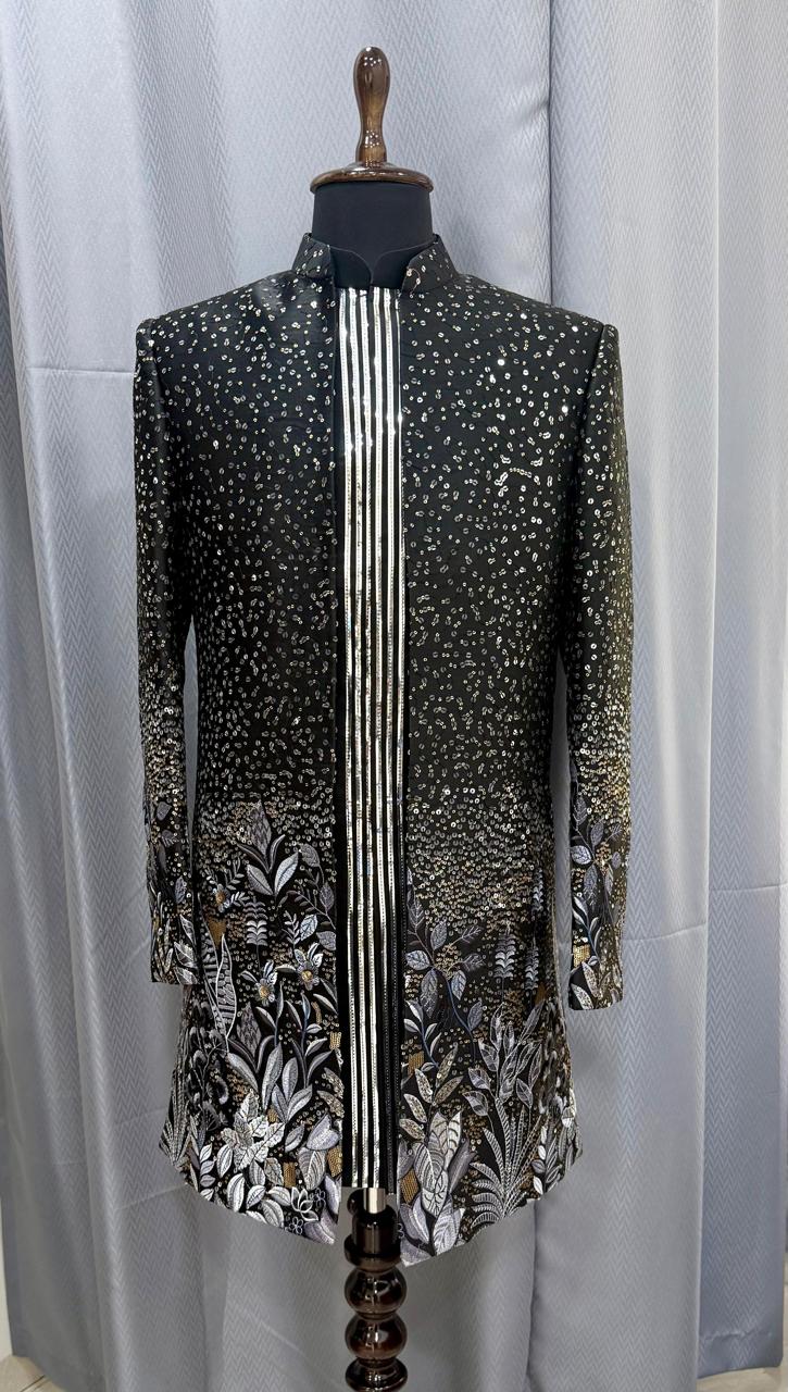 Open Indowestern with Decorative jacket with intricate patterns on a mannequin against a plain background