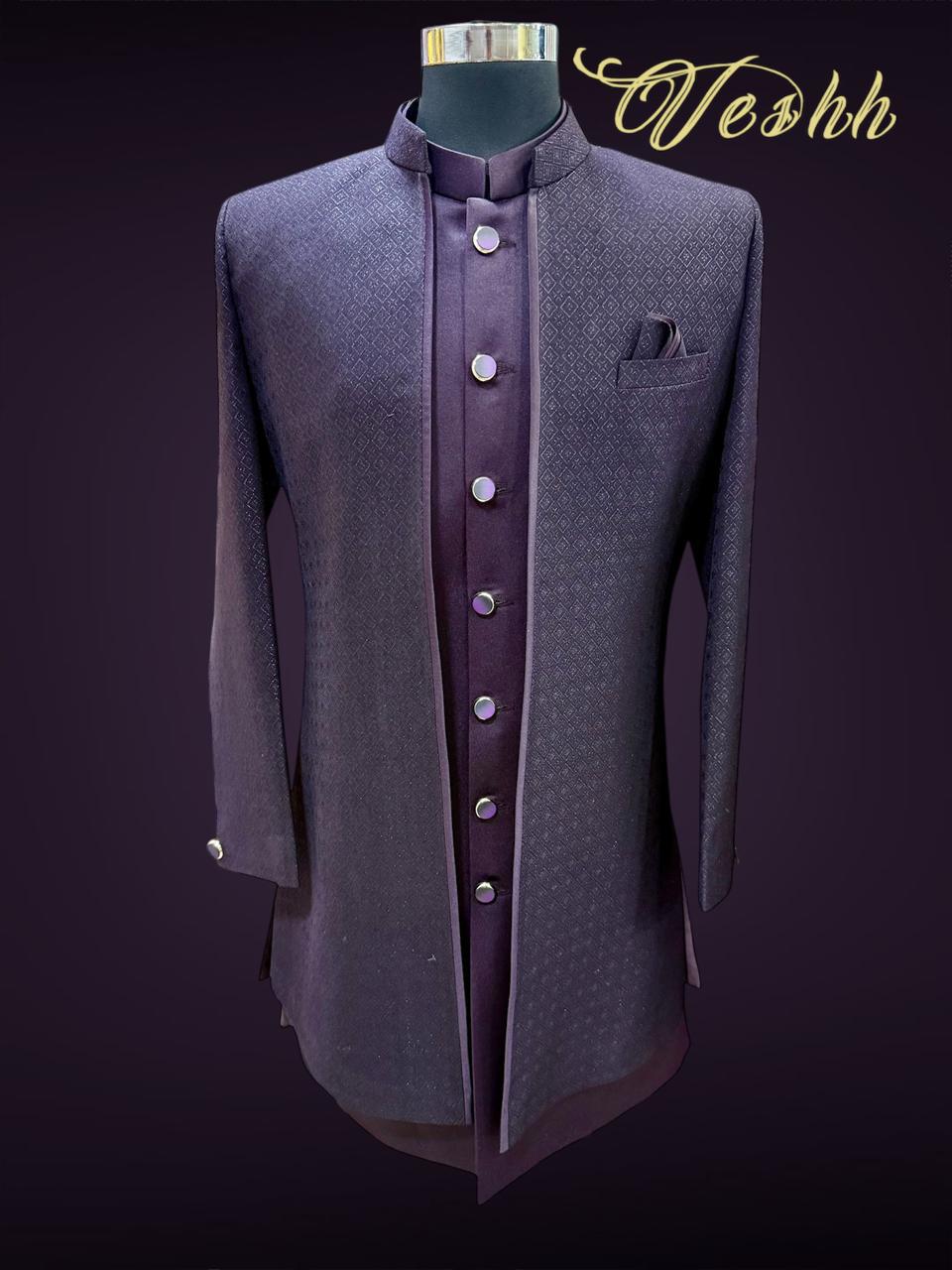 Wine traditional outfit on a mannequin with 'Veshh' branding.