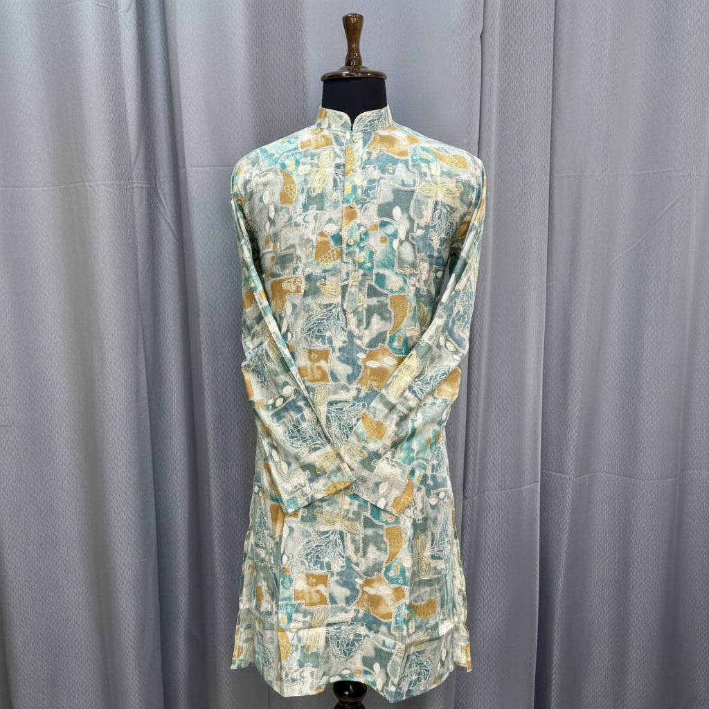 Light blue floral patterned dress on a mannequin against a gray background
