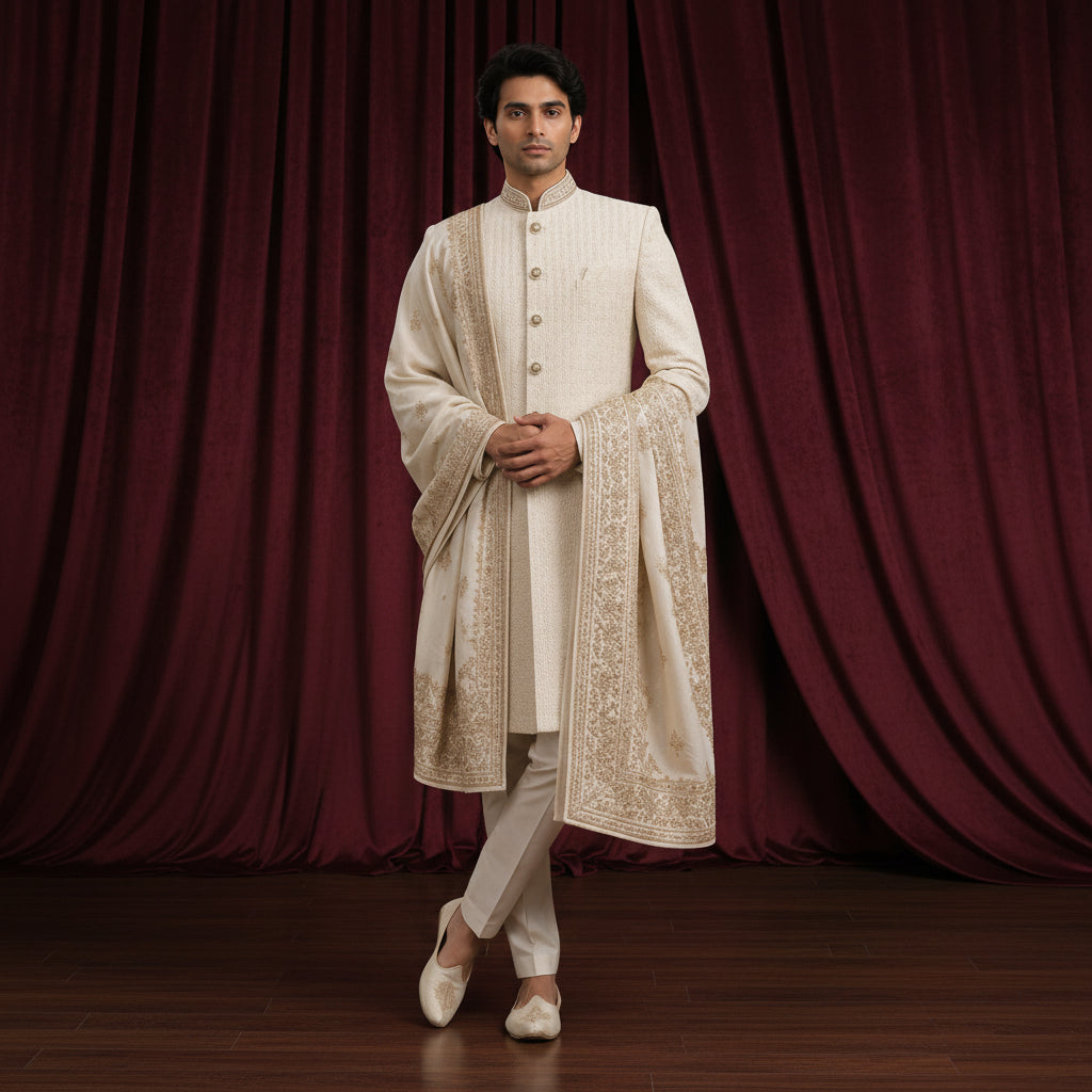 Man wearing a cream sherwani with intricate patterns on a plain background