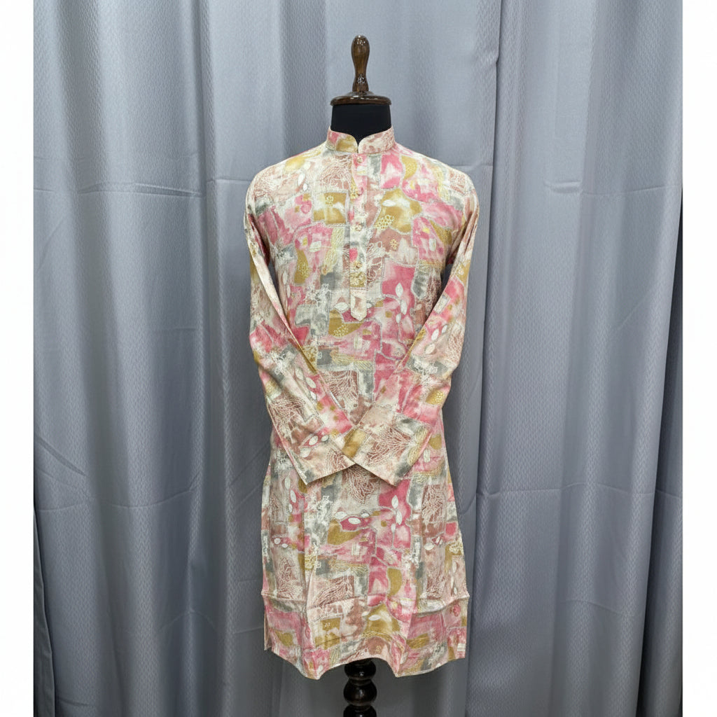 Floral dress on a mannequin against a gray curtain background