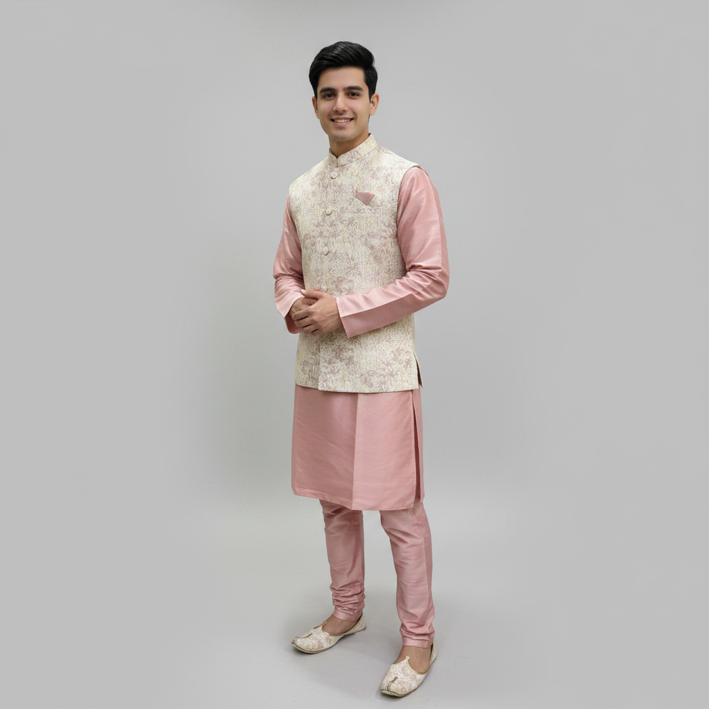 Man wearing a traditional pink and cream outfit against a gray curtain background