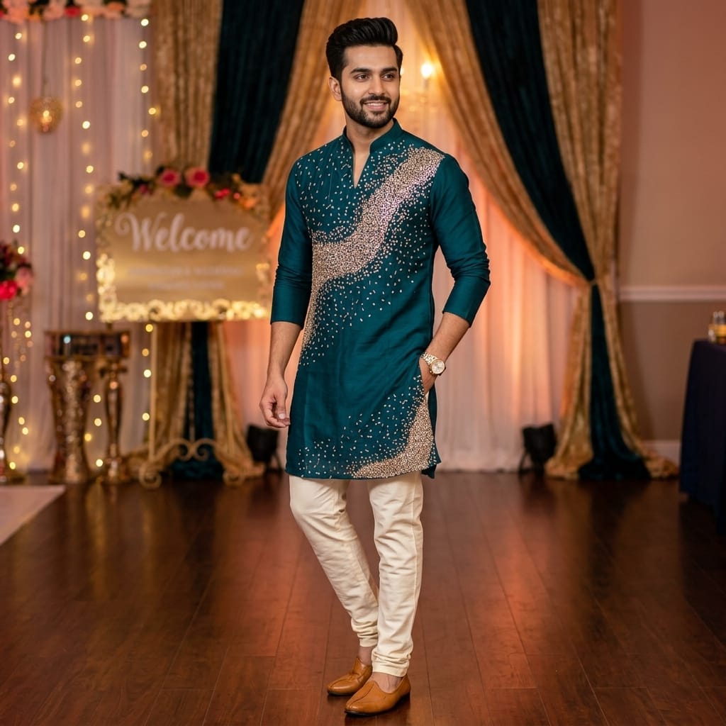 Premium Teal Blue Embroidered Kurta Set