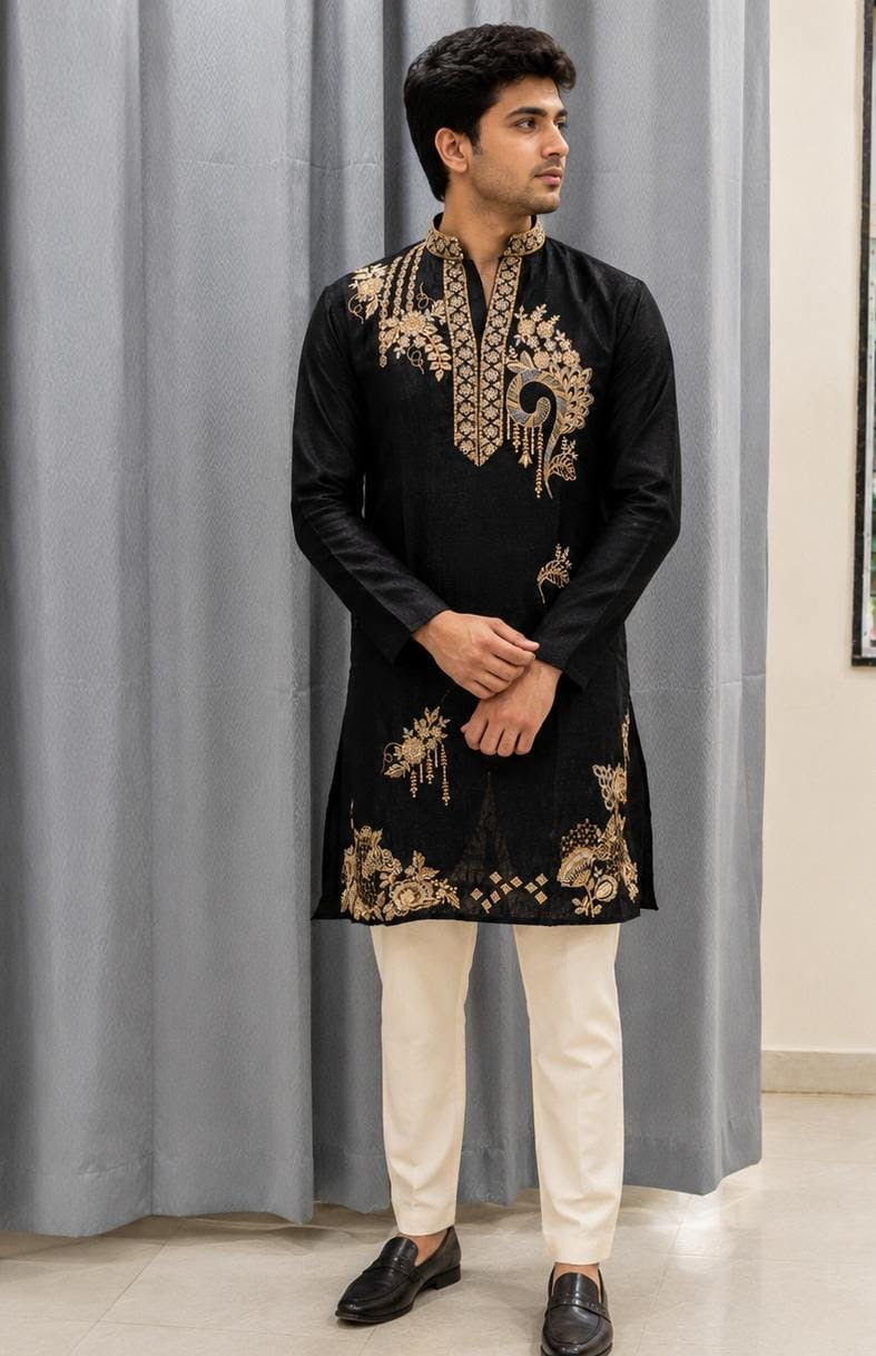 Black Embroidered V Neck Kurta