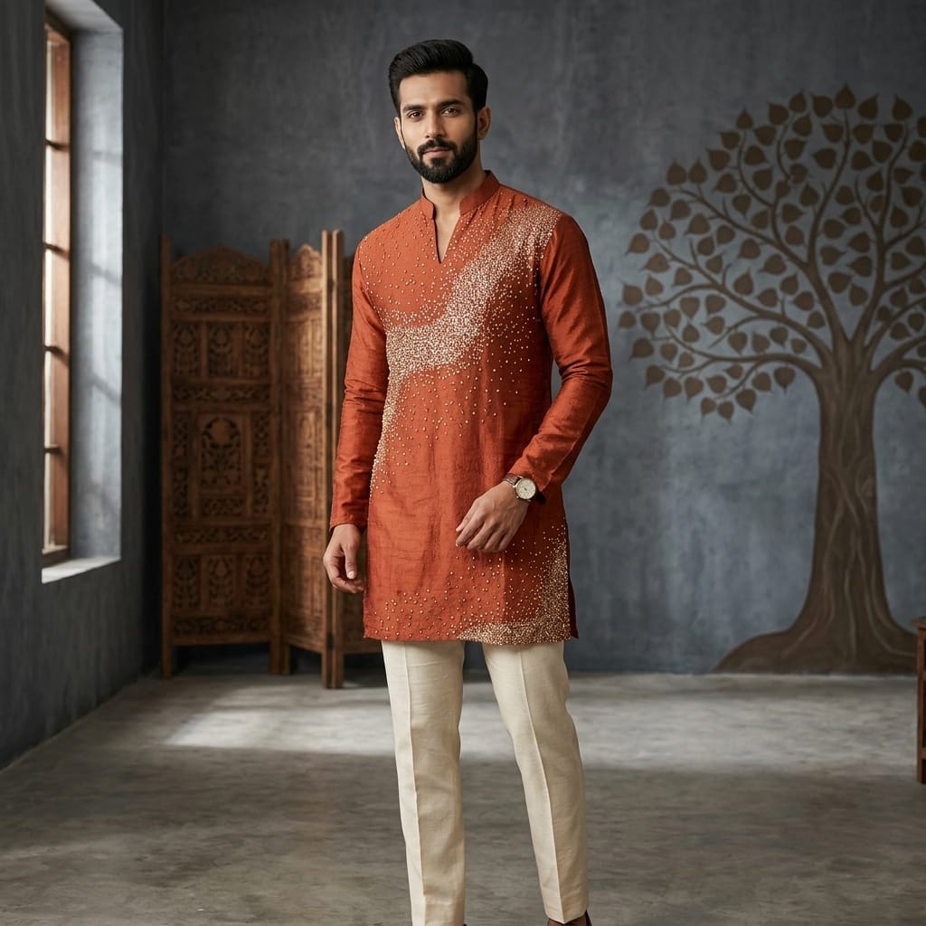 Rust Orange Designer Kurta Pajama Set