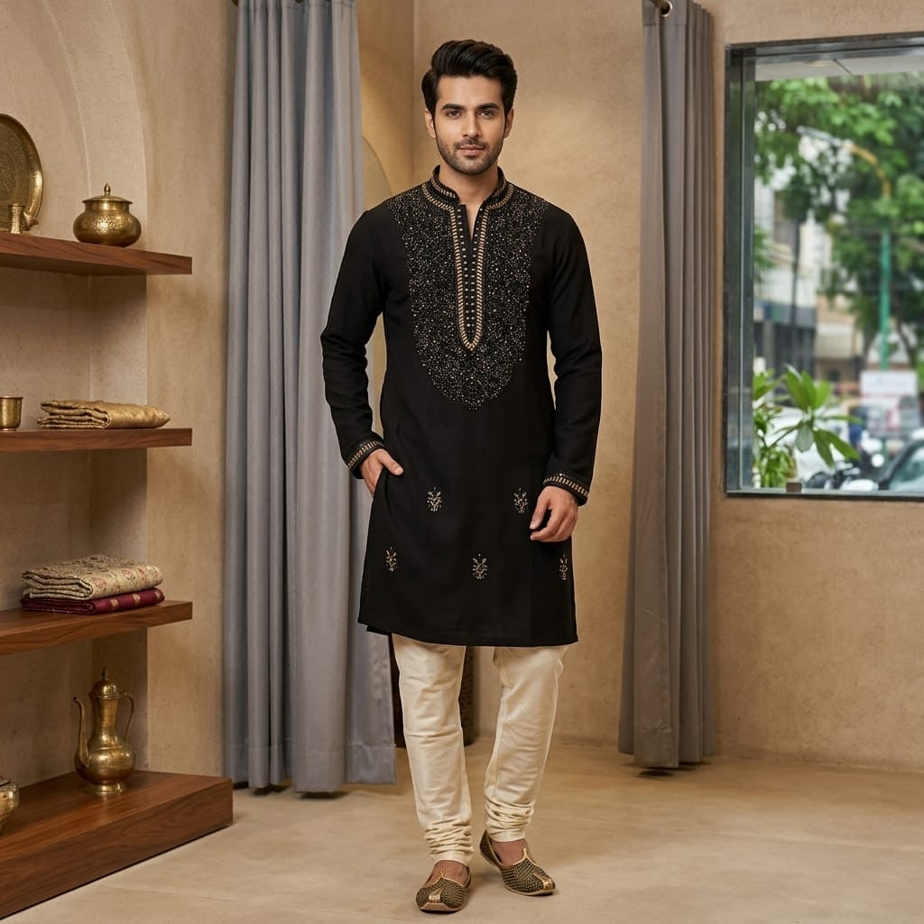 A man modeling a black long-sleeve kurta with intricate silver embroidery on the chest and lower hem, paired with cream-colored trousers and brown shoes, standing in a styled indoor setting with curtains and shelves.