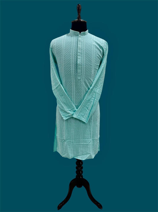 Teal textured mens kurta on a mannequin against a teal background