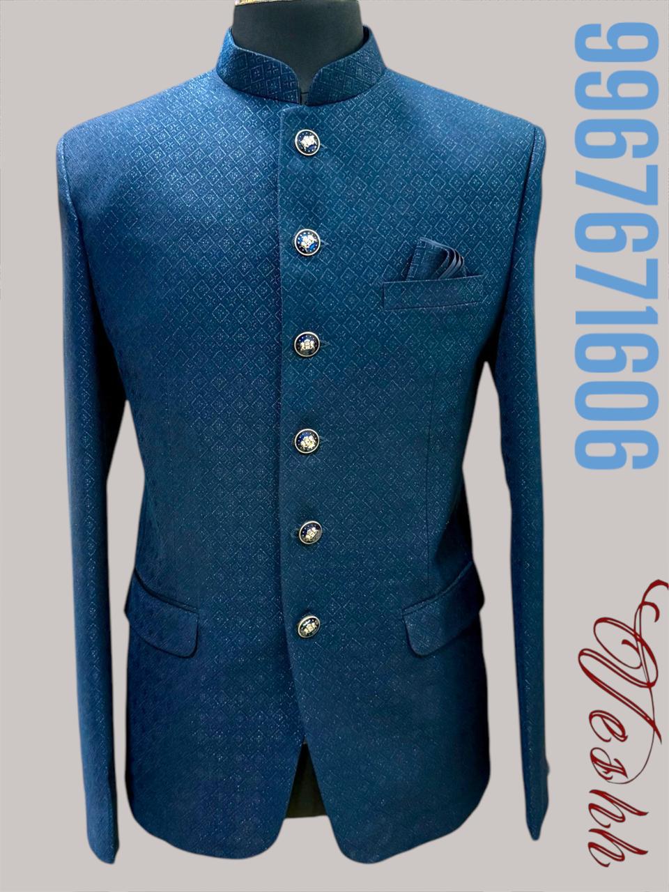 Blue jacket on a mannequin with a phone number and brand name on a gray background