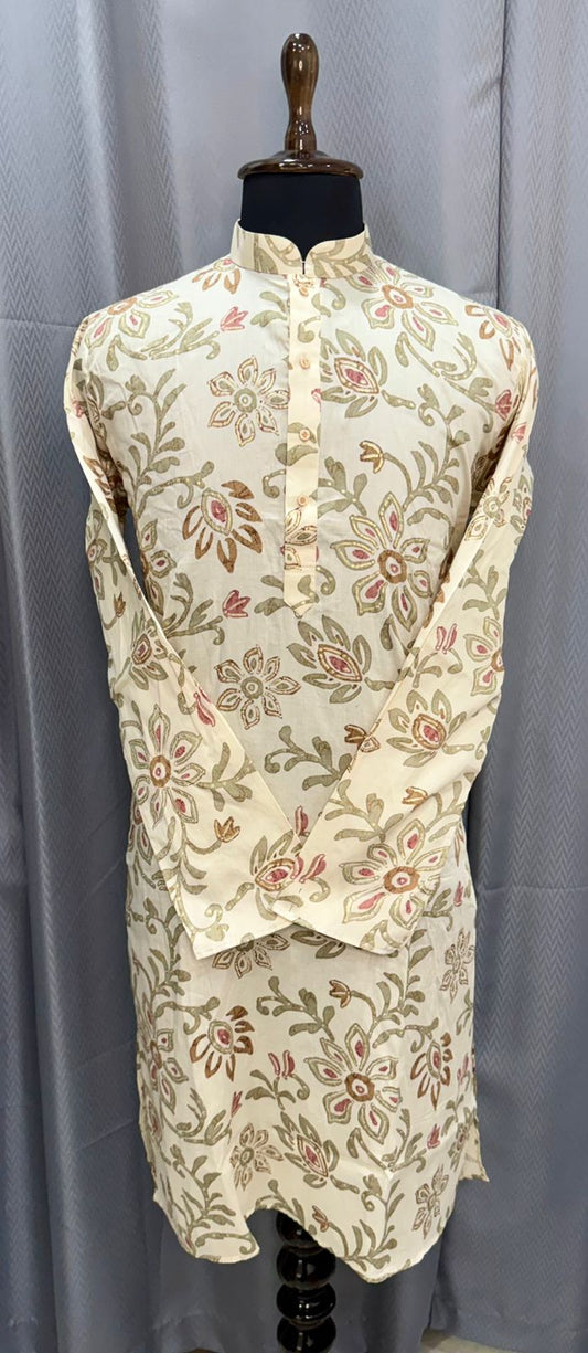 Floral patterned kurta on a mannequin against a gray background