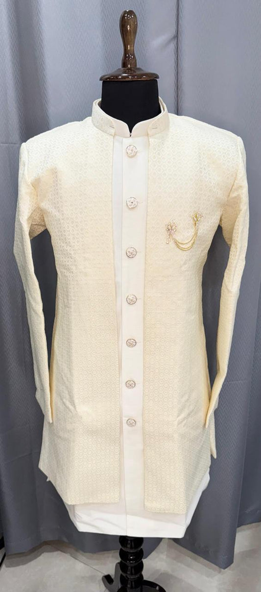 Cream Indian Traditional Indowestern with inside jacket and grey background