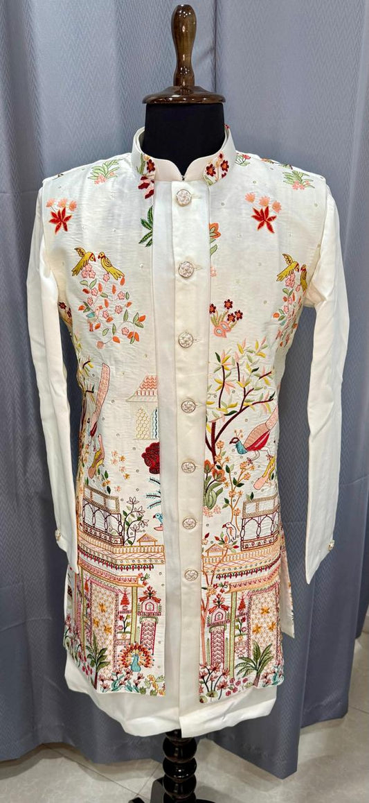 Offwhite embroidered Open indowestern with long inside jacket