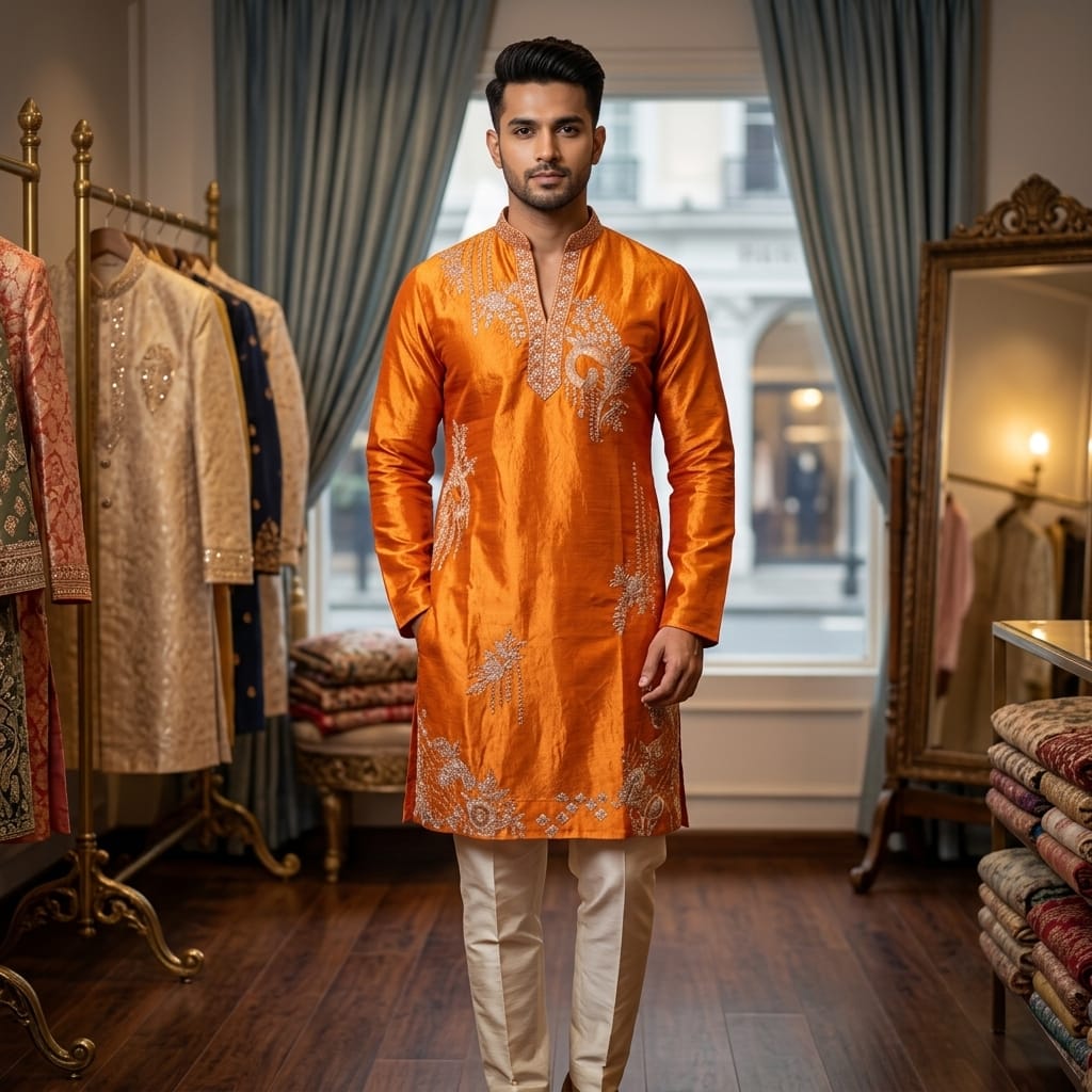 Fancy Orange V Neck Kurta