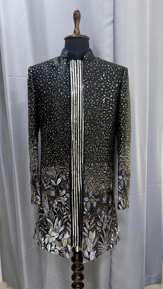 Open Indowestern with Decorative jacket with intricate patterns on a mannequin against a plain background
