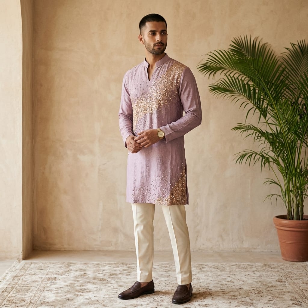 Elegant Lavender Embroidered Kurta Pajama Set