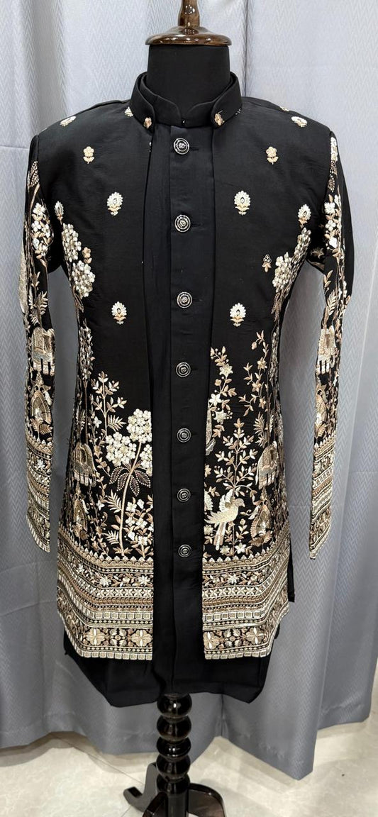 Black embroidered open indowestern jacket on a mannequin against a gray background