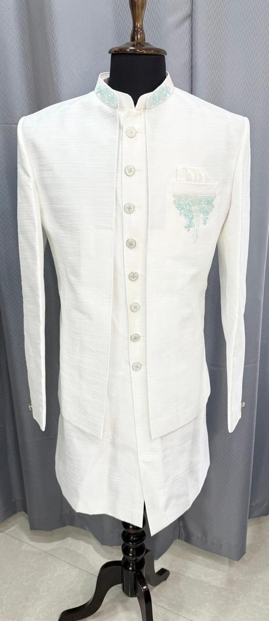 White Sherwani Hand embroidered with Inside Jacket and grey background