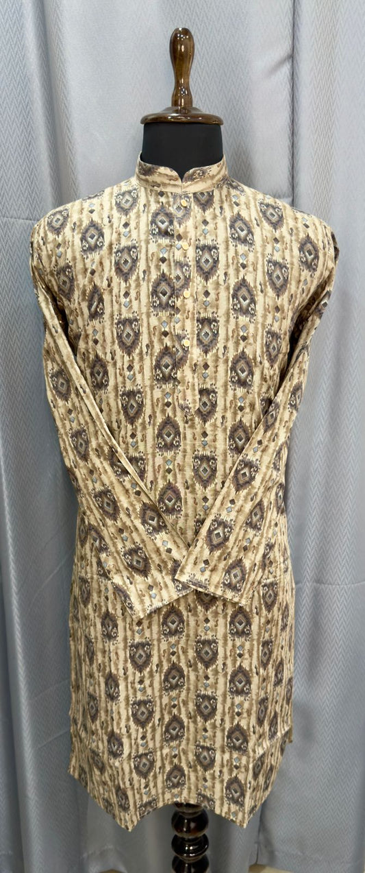 Traditional patterned mens kurta on a mannequin against a plain background