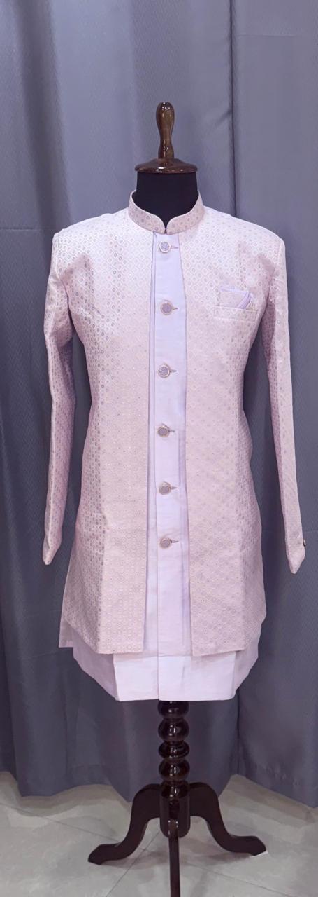 Traditional lavender sherwani with inside jacket on a mannequin against a gray background