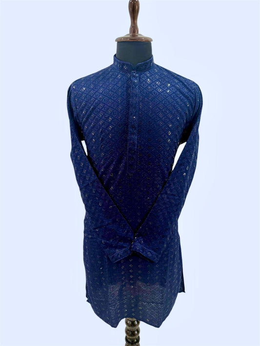 Blue embroidered kurta on a mannequin against a light blue background
