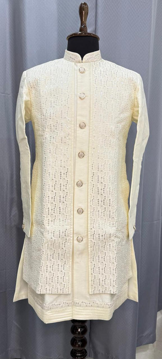 OffWhite embroidered jSequence Indowestern with inside jacket on a mannequin against a gray background