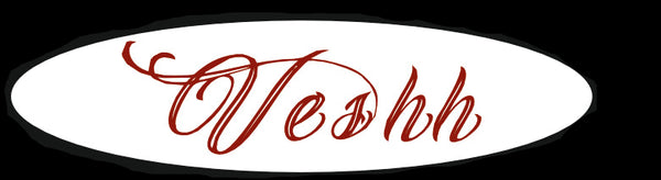 Elegant red cursive text 'veshh' on a white oval background