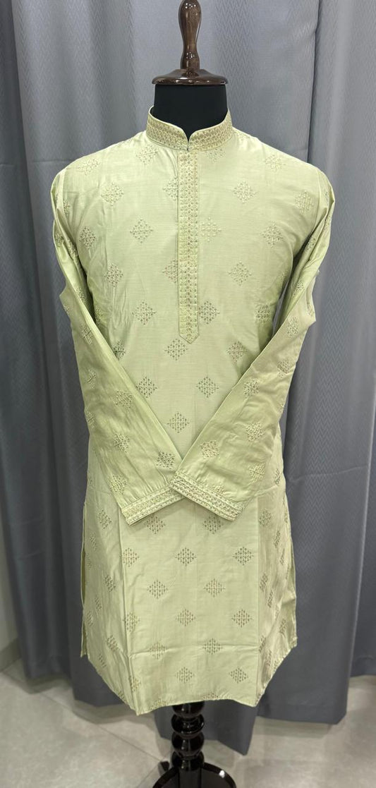 Light green embroidered kurta on a mannequin against a gray background