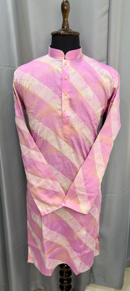 Pink and white striped kurta on a mannequin against a gray background