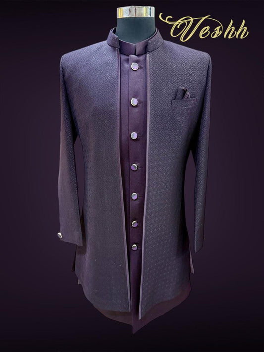 Wine traditional outfit on a mannequin with 'Veshh' branding.