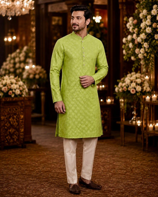 Fluoreszierendes grünes Jacquard-Kurta-Set