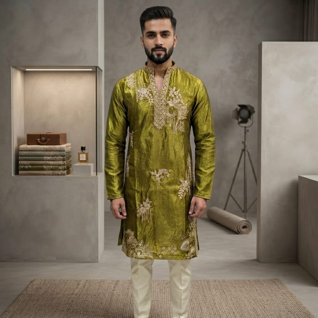 Olive-Glow Zari Embroidered Kurta Set