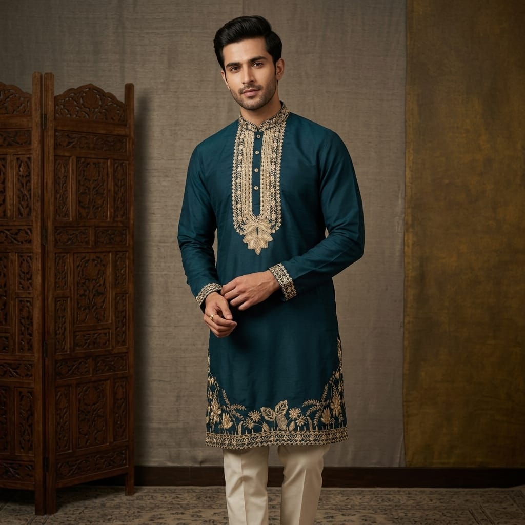 Teal Elegance Zari Embroidered Kurta Set