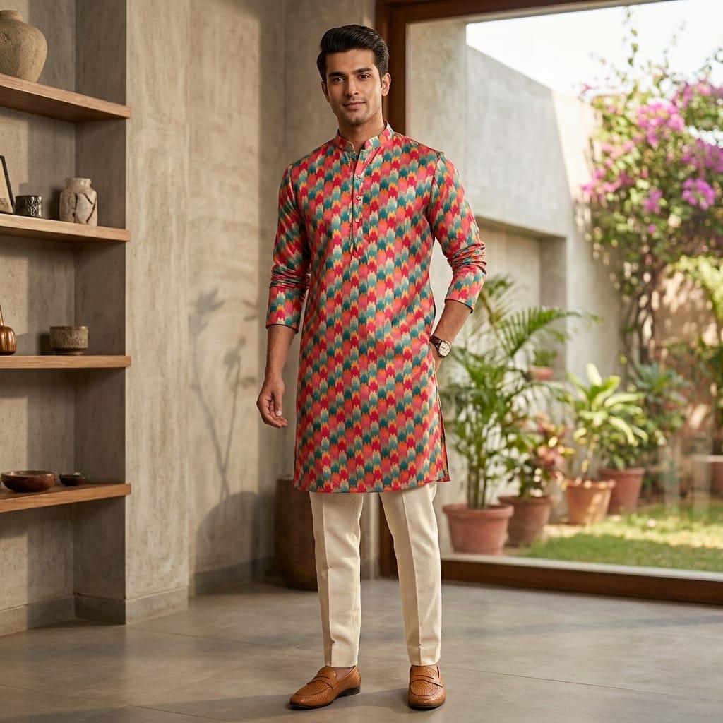 Vibrant Ikat Geometric Print Kurta Set
