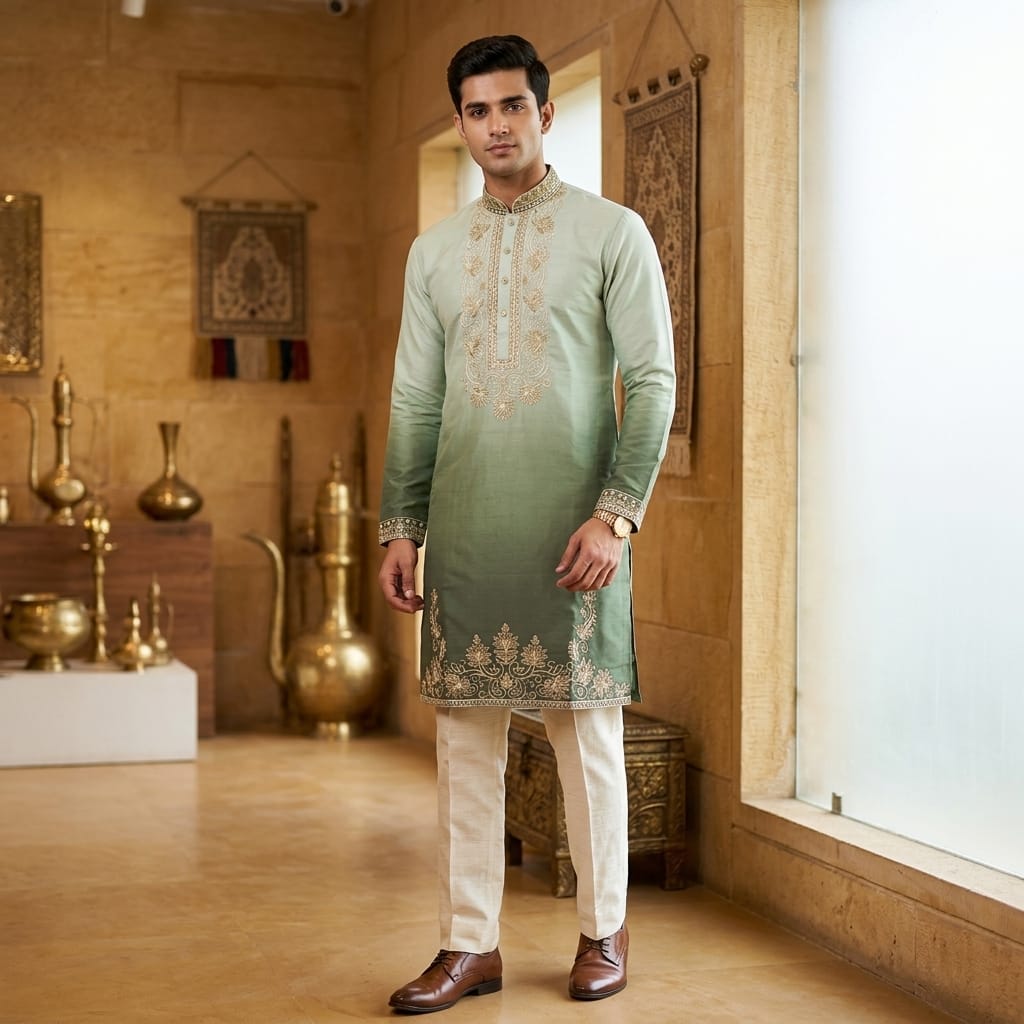 Sage Ombre Zari Embroidered Kurta Set
