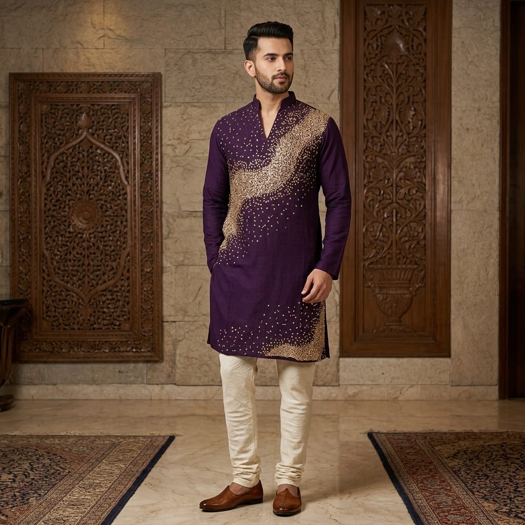 Royal Purple Embroidered Kurta Pajama Set