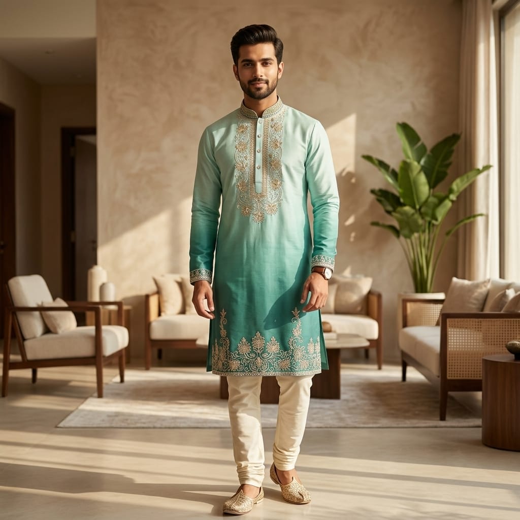 Aqua Ombre Zari Embroidered Kurta Set