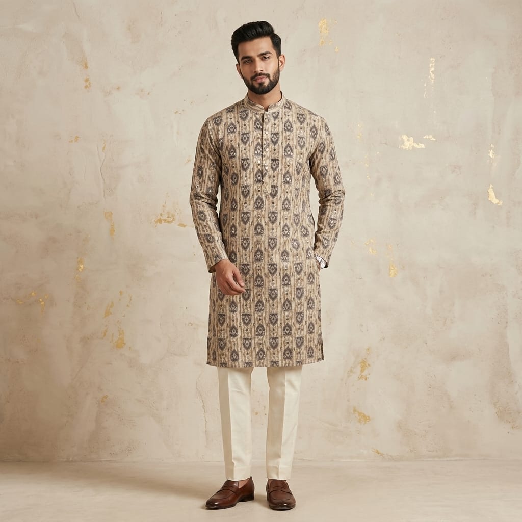 Ikkat Grey Cotton Kurta
