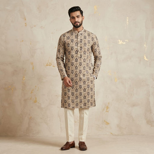 Ikkat Grauer Baumwoll-Kurta