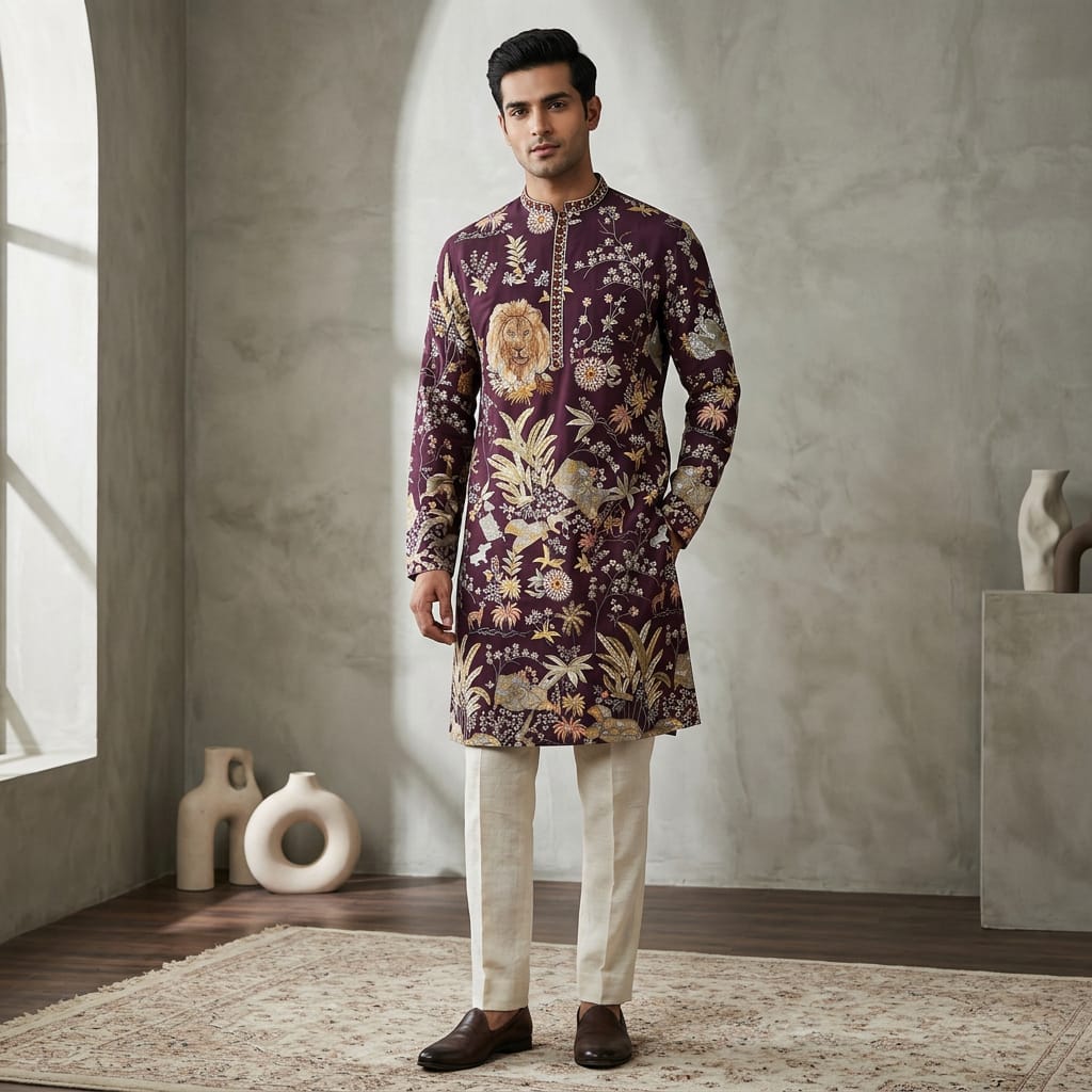 Wine Lion themed Kurta Set