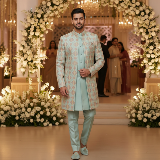 Man wearing a light blue sherwani with a floral and decorative background