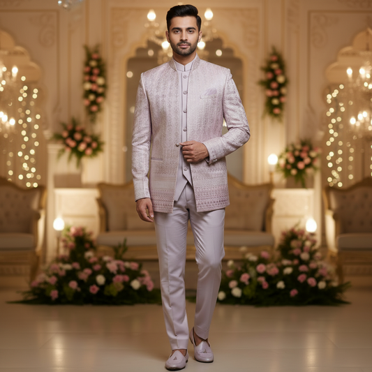 Man wearing a light pink traditional outfit with a floral decorated background