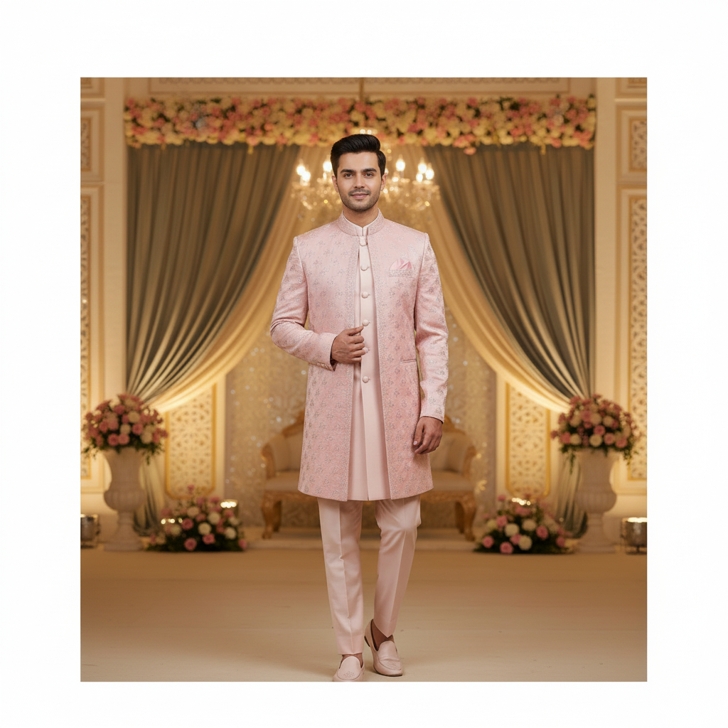 Man wearing a pink traditional outfit with a decorative background