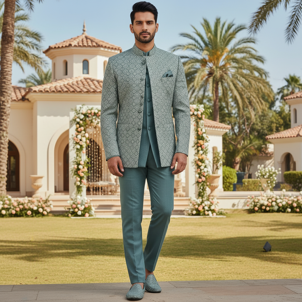 Man in a gray suit standing in front of a decorated outdoor setting with palm trees.
