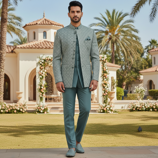Man in a gray suit standing in front of a decorated outdoor setting with palm trees.