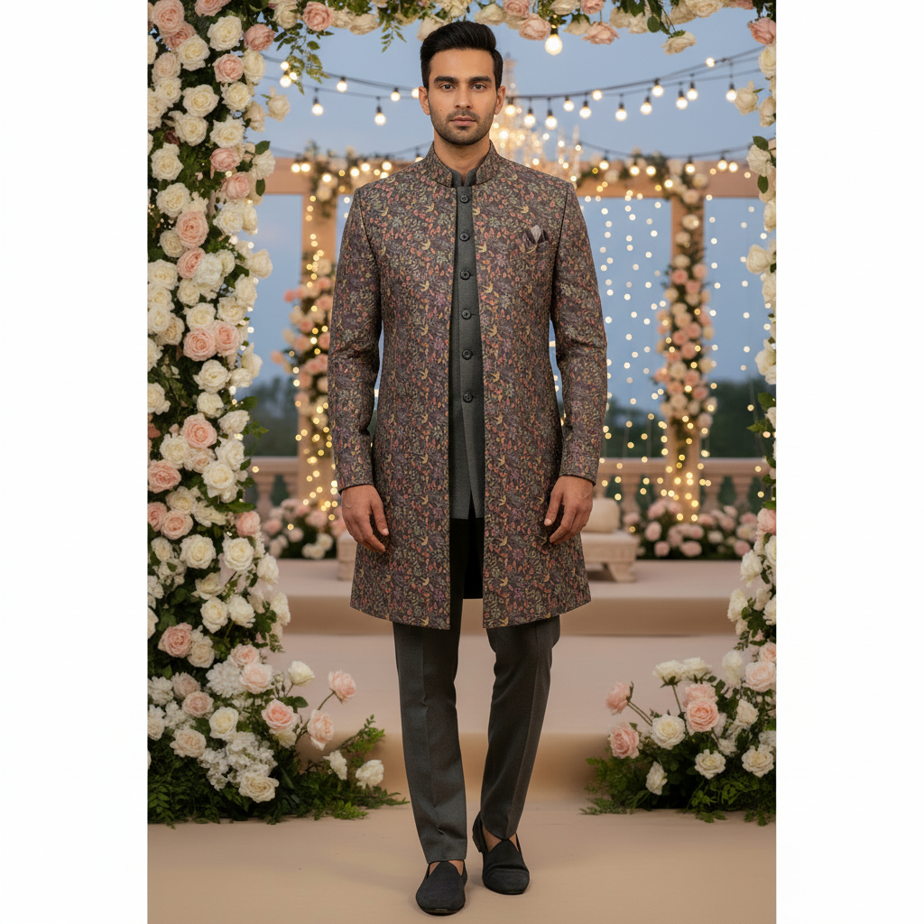 Man wearing a patterned sherwani with floral decorations and lights in the background