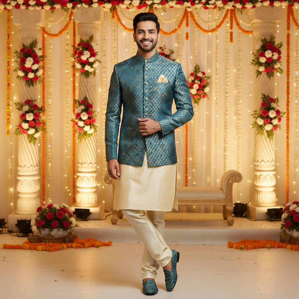 Man in traditional blue and white outfit standing in a decorated indoor setting