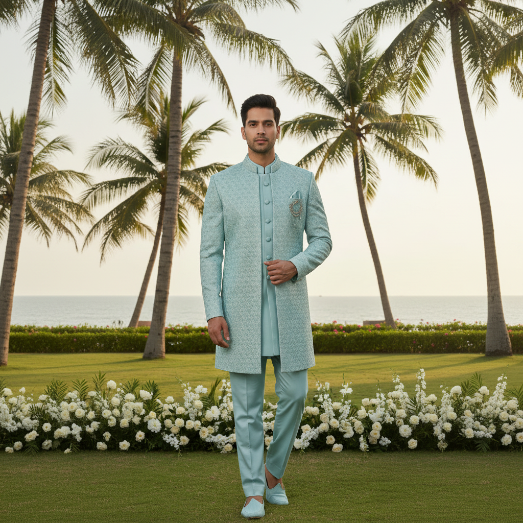 Man wearing a light blue sherwani with a floral background