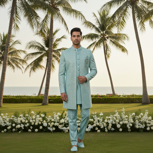 Man wearing a light blue sherwani with a floral background