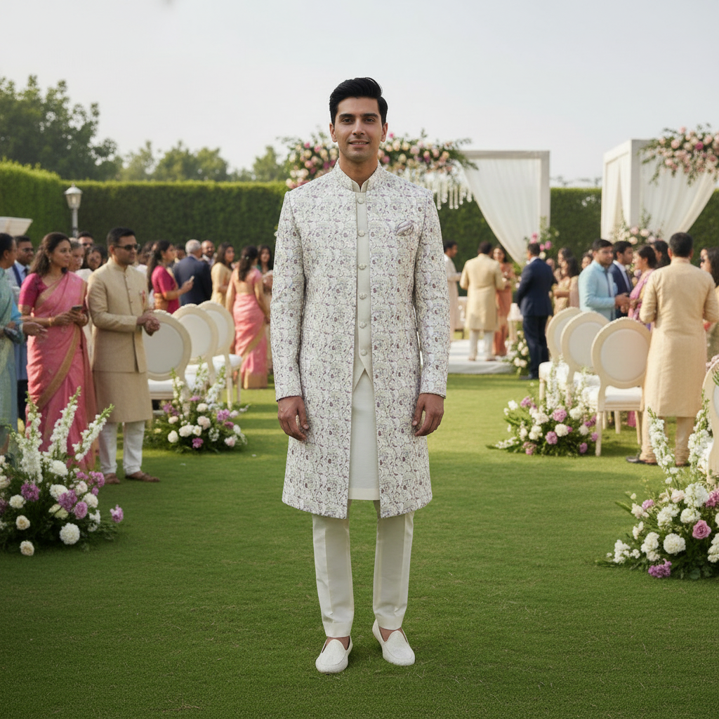 Man in a white sherwani standing outdoors with floral decorations and people in the background